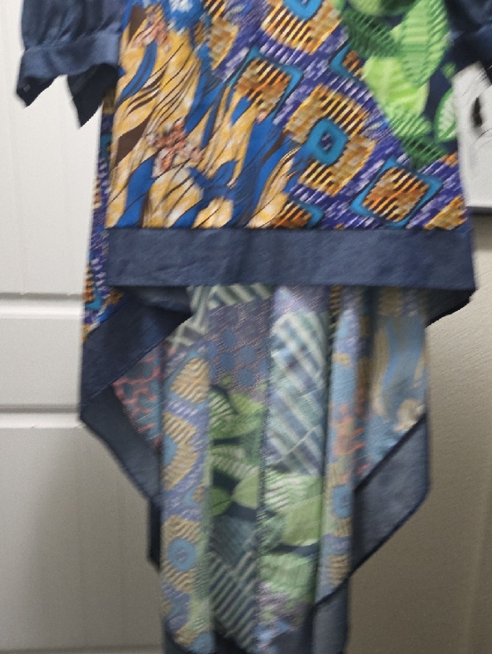 Patchwork Multicolor Short Sleeve Blouse with Denim Trim - Picture 4 of 6